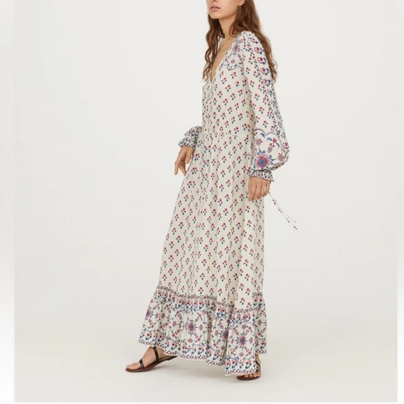 H&M | Dresses | Hm Cream Red Blue Floral Boho Ruffle Hem Maxi Dress 4 |  Poshmark